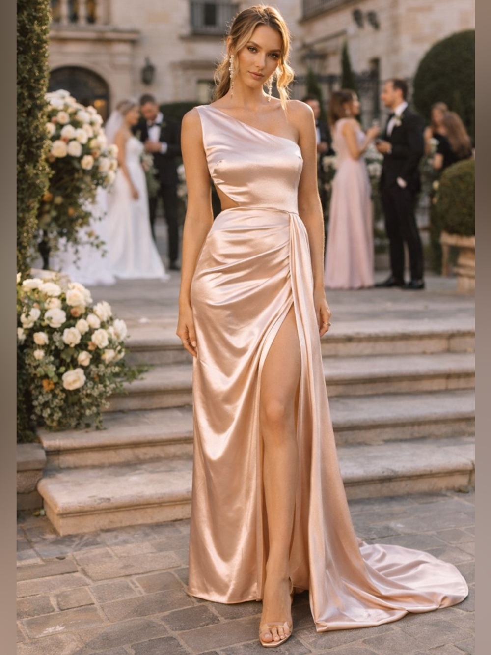 LOVE & LEMONADE One Shoulder Satin Gown NWT TV Wardrobe Champagne Maxi Dress